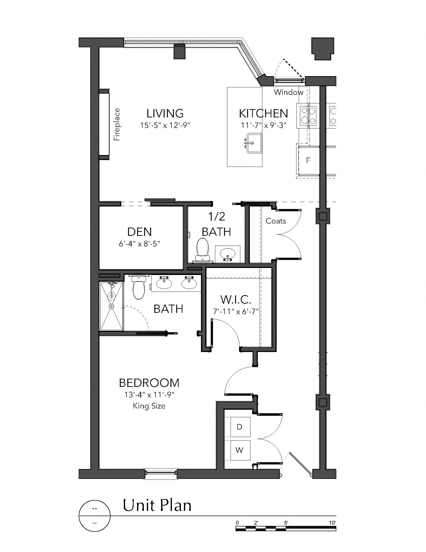 Floor plan for 1 bed, 1.5 baths, 900 sqft